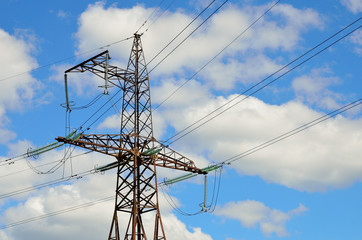 Electrical transmission pylon. High voltage. Blue sky background. - 158140480