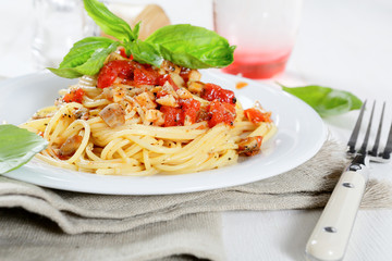 Nutritional spaghetti with tomato sauce on a plate