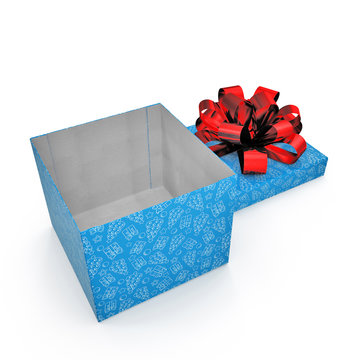 Blue gift-box with red ribbon bow on white. 3D illustration