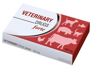 Veterinary drugs fake box - symbol for medical abuse of pets, animals, livestock. Isolated vector illustration on white background.