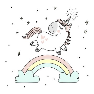 Magic cute unicorn, walking on the rainbow, doodle nursery art