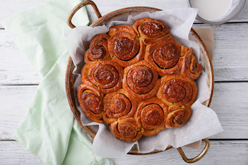 Cinnamon Buns in a pan on wooden table