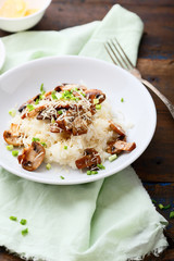 Tasty Risotto with mushrooms on white plate