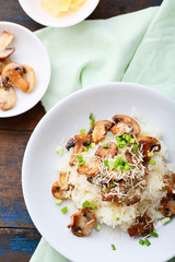 Rice with mushrooms on white plate