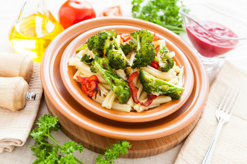 Delicious Pasta with roasted vegetables broccoli and pepper