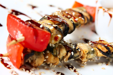 Fototapeta na wymiar Japanese mussels kebabs