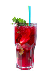 Red cocktail with vodka, cherry juice, strawberries and mint