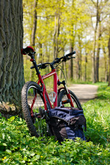 Fototapeta na wymiar Bike and Backpack against the background of nature in spring