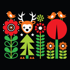 Scandinavian folk art pattern with flowers and animals, Finnish inspired design on black 
