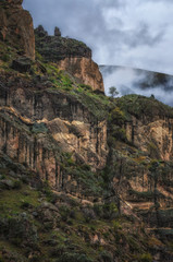 Fantastic view of green trees growing on steep cliffs in Georgian Mountains near Vardzia city. Beautiful mountain landscape.
