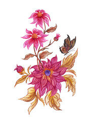 Decorative bouquet with purple flower, watercolor painting on white background.