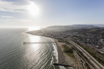 Aerial view of downtown Ventura and the Pacific Ocean in Southern California.