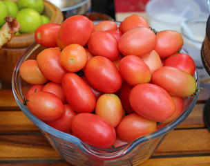 Tomatoes in grass tray, Raw of street food in thailand.
