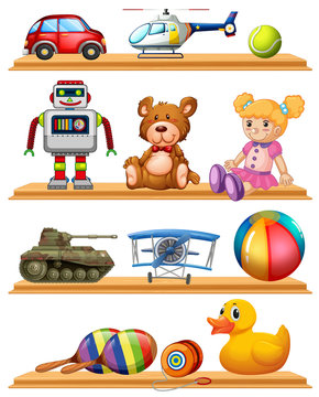 Different toys on wooden shelves