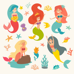 Mermaid girls vector illustration. Cute cartoon card with little mermaid. Under the sea. Pearl in the shell and starfish pastel colors. Fish, corals and seaweed cartoon style