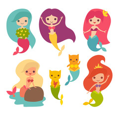 Mermaid girls vector illustration. Cute cartoon card with little mermaid. Cat mermaid under the sea. Isolated on white. Fish, corals and seaweed cartoon style