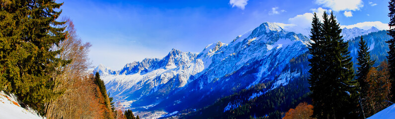 Panorama of Chamonix valley in winter from Prarion, Les Houches, France.   Hdr tone mapping effect.  