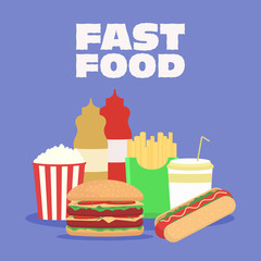 Fast food vector illustration. French fries, hot dog , popcorn , hamburger , cola. Template for menu of cafes and restaurants