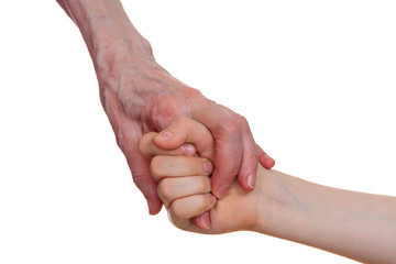 Old and young holding hands of each other, isolated on a white background.