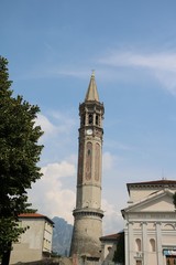 Fototapeta na wymiar View to Bell Tower Church San Nicolo in Lecco on Lake Como, Lombardy Italy 