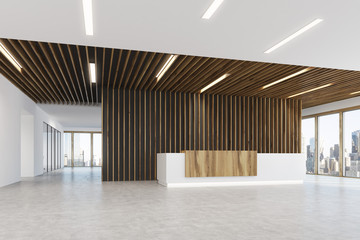 White and light wood reception corner