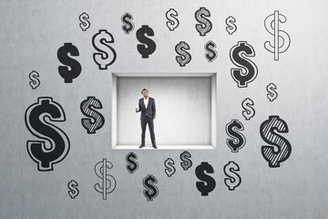 African man with coffee in dollar sign wall