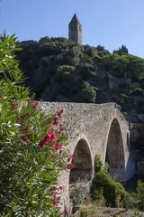 Foto auf Leinwand Village of Olargues Languedoc France. Cityview. Bridge. River le Jauar. Haut-Languedoc . Beziers. Bridge and church. © A