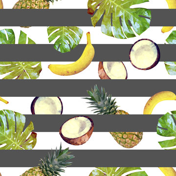 Seamless pattern with tropical fruits, palm leaves and lines