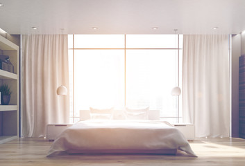 White bedroom, wooden floor, front, toned