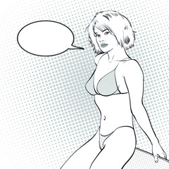 Sexy young in a swimming suit. Beautiful young woman. Woman in a dream. Woman in hope. Concept idea of advertisement. Halftone background.