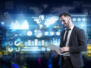 Man with laptop, city and gaphs