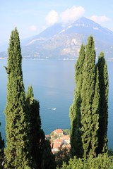 View from Castello di Vezio to Varenna and Lake Como in summer, Lombardy Italy 