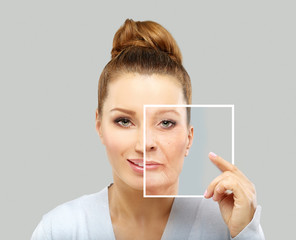 Aging. Mature woman-young woman.Face with skin problem 