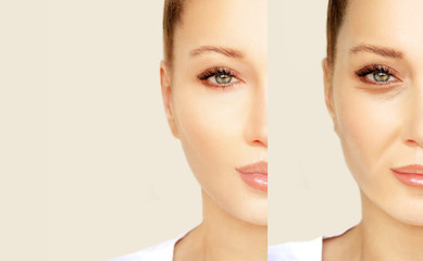Aging. Mature woman-young woman.Face with skin problem 