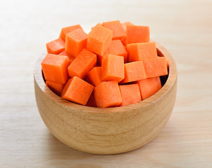 carrot slices in wood bowl