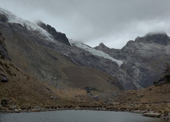 Dark overcast day, glaciers hanging on to the top of a dark grey rocky mountains side above the cold waters of an alpine lake 