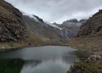 Grey, dark, deep mountain lake on an overcast day in the high mountain region of South America.