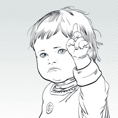 Funny cartoon baby with an angry expression on his face.