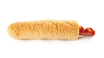 French Hot Dog with big sausage and sauces isolated on white background