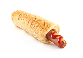 French Hot Dog with big sausage and sauces isolated on white background