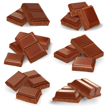 Realistic vector illustration, set of broken chocolate bars
