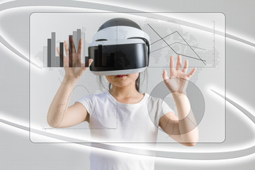 VR or Virtual Reality for Digital Information Concept Illustrated by Asian Child Wearing VR Headset