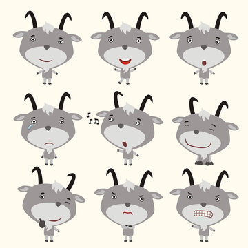 Set funny goat in different poses. Collection isolated goat in cartoon style for design children holiday and goods.