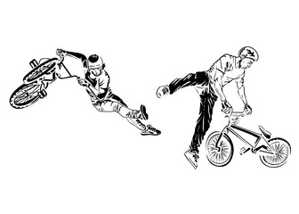 Bikers on white background. Extreme theme modern print. Vector design elements. Isolated on white