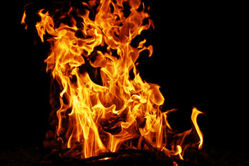 Fire flame. Bonfire background with bright vivid flame on black background.