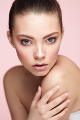 Naklejka premium Beauty Woman Face Makeup. Female With Fresh Facial Skin