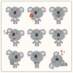 Set funny koala bear in different poses. Collection isolated koala in cartoon style for design children holiday and goods.