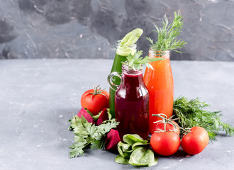 Various Freshly Squeezed Vegetable Juices Detox juice Tomatoes juice Beetroot juice Spinach and parsley juice