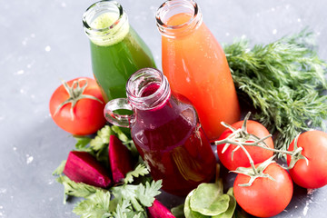 Various Freshly Squeezed Vegetable Juices Detox juice Tomatoes juice Beetroot juice Spinach and parsley juice