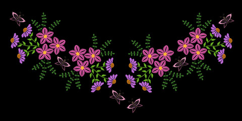 Obraz na płótnie Canvas Embroidery stitches imitation fashion neck line pattern with folk flower and butterfly